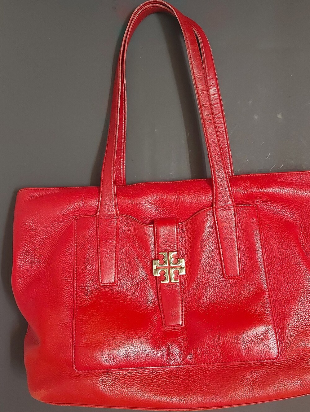 Tory Burch Red Leather Tote with Gold Logo Hardware